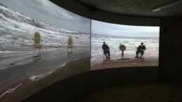 Bahar Behbahani and Almagul Menlibayaeve, "Ride the Caspian" 2011 (two-channel HD video) in a circular concrete building 69 on Cockatoo Island, 18th Biennale of Sydney, photo by Rob Garrett