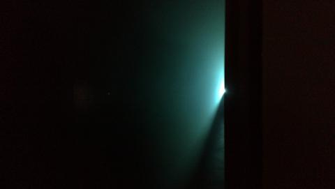 Ann Veronica Janssens' light beam installation at Carriageworks, Eveleigh, 18th Biennale of Sydney, photo by Rob Garrett
