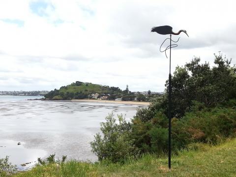 Bing Dawe, Watching out for St Francis Kotuku (White Heron) 2012, NZ Sculpture OnShore exhibition 2012; photo by Rob Garrett