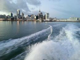 Crossing the harbour for Breakfast TV broadcast from Sculpture OnShore 6 November 2012