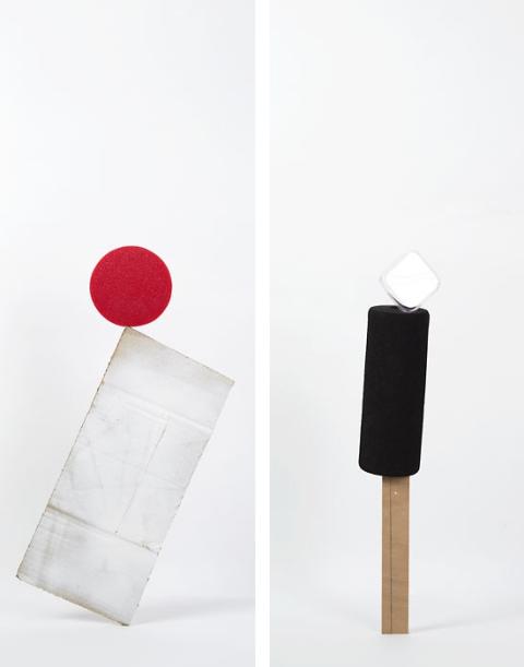 Daniel von Sturmer, Production Still, Improbable Stack (found cardboard, sponge) and (plywood, foam tube, plastic case), 2013; courtesy of the artist and Anna Schwartz Gallery