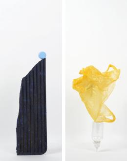 Daniel von Sturmer, Production Still, Improbable Stack (found fragment, bottle cap) and (bottle, plastic bag), 2013; courtesy of the artist and Anna Schwartz Gallery