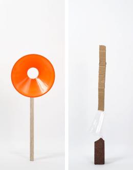 Daniel von Sturmer, Production Still, Improbable Stack (plywood, safety cone) & (brick, plastic cup, cardboard), 2013; courtesy of the artist and Anna Schwartz Gallery