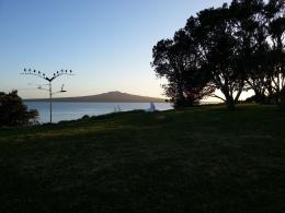 Early morning on NZ Sculpture OnShore site with works by Doug Kennedy, Ben Foster and Madpanic Collective