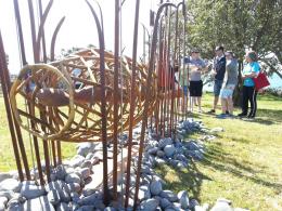 Guy Bowden's carved wood eels and eel trap Sculpture OnShore.