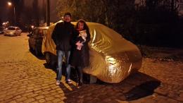 Ines Tartler, Gdansk Golden Garage, 2013, Gdansk; with the first community members to host the project on their car; photo by Rob Garrett