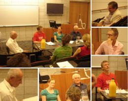 Panel participants; Main (left to right): Tony Green, Phil Dadson, Charlotte Huddleston, Jim Allen; Insets top right: Wystan Curnow and Rob Garrett. Photos courtesy of St Paul St Gallery