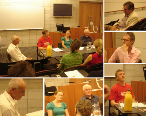 Panel participants; Main (left to right): Tony Green, Phil Dadson, Charlotte Huddleston, Jim Allen; Insets top right: Wystan Curnow and Rob Garrett. Photos courtesy of St Paul St Gallery