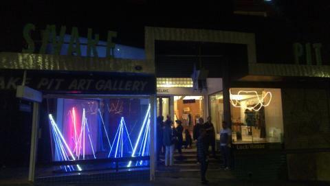 Paul Hartigan's neon light installation at the entrance to Lost in a dream, Snake Pit, curated by Rob Garrett; photo by Rob Garrett