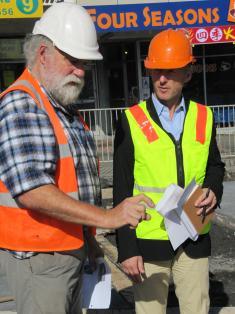 Peter Lange and Rob Garrett, Todd Triangle public art site visit, New Lynn, Auckland, 2011