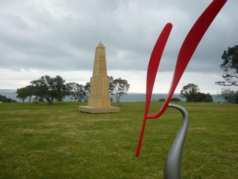 Phil Price (left foreground) and Bernie Harfleet, NZ Sculpture OnShore exhibition 2010, photo by Rob Garrett