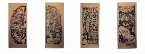 Reweti Arapere, Mareikura; Whatukura; Tane Tokorangi; and Tangaroa Ararau; (all 2013); paper, permanent marker, paint marker; 650 x 1600mm; images courtesy of the artist