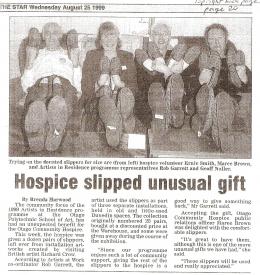 Richard Crow's slippers to charity, Dunedin Hospice, 1999