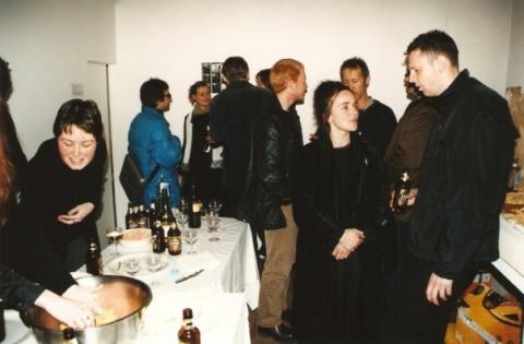 Richard Crow, The Living Archive, closing event, Blue Oyster Gallery, August 1999, photo by Rob Garrett. With Warren Olds, Nathan Thompson, Teresa Andrews, Geoff Noller, Richard Crow