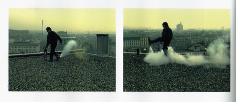 Roman Signer, Action sur le toit / Action on the roof of Saint-Gervais (1997), location: 7ieme semaine internationale de la video, Saint-Gervais, Geneva, Video stills: Oscar Martinez