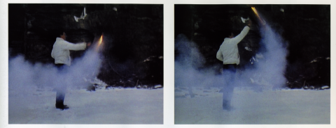 Roman Signer, Koffer mit Rakete / Briefcase with rocket (1983), location: river Sutter, St. Gallen, Super 8 film stills