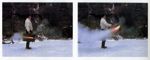 Roman Signer, Koffer mit Rakete / Briefcase with rocket (1983), location: river Sutter, St. Gallen, Super 8 film stills