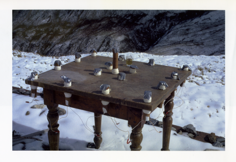Roman Signer, Tisch mit Raketen / Table with rockets (1993), location: Furka Pass, Hotel Furkablick, Kanton Uri, colour photograph: Stefan Rohner
