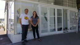 Ross Forbes & Ayesha Green, installing their co-joint exhibition at Corner; photo by Rob Garrett