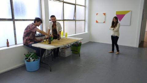 Sam, James and Larissa of Snake Pit pouring the first drinks of the Vernissage 19 October 2012; photo by Rob Garrett