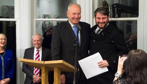 Steve Carr receives the Fulbright-Wallace Arts Trust Award from Don McKinnon, with Sir James wallace standing in the background (04 September 2012); photo by Sait Akkirman