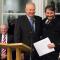 Steve Carr receives the Fulbright-Wallace Arts Trust Award from Don McKinnon, with Sir James wallace standing in the background (04 September 2012); photo by Sait Akkirman