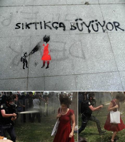 The more you press, the bigger it gets, stencil, Gezi Park, 4-06-2013; photo Christiane Gruber; Woman in Red; photos by Osman Orsal