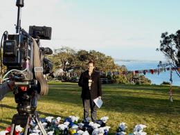 TV One Breakfast Show weather crosses to promote NZ Sculpture OnShore 2012; photo by Rob Garrett