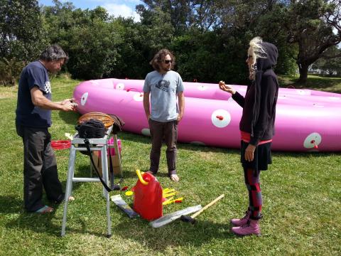 Warwick Bell, Isaac McCormick and Suza Lawrence taking a break for scones and jam while installing their project, NZ Sculpture OnShore 2012; photo by Rob Garrett